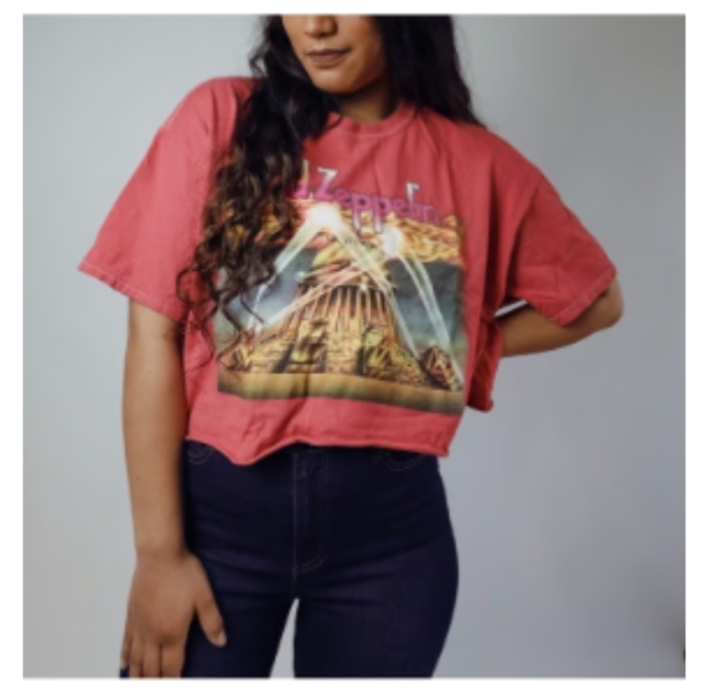 Led Zeppelin Band Cropped T Shirt Large Rust Red Retro